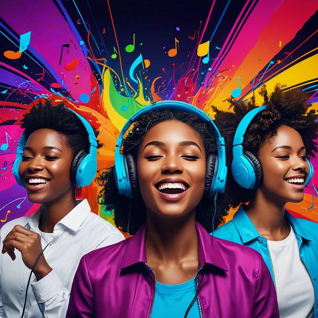 A vibrant, dynamic scene depicting a diverse group of people enjoying music together, wearing headphones, surrounded by colorful sound waves and iconic streaming devices. Include visual elements of playlists and musical notes floating in the air, with a bold, energetic feel that captures the essence of modern music consumption. Emphasize excitement and connection through facial expressions and body language. super-realistic. vibrant colors. 3D.