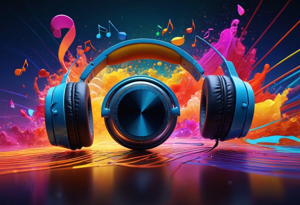 An enchanting digital landscape filled with vibrant music notes spilling out of an immersive device, symbolizing the joy of discovering new tunes. In the background, a diverse group of friends shares headphones, laughing and dancing together, with colorful soundwaves radiating around them. An abstract representation of various music genres like jazz, rock, and pop blends harmoniously in the sky. super-realistic. vibrant colors. 3D.